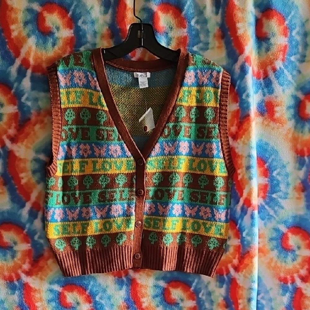 Rue21 V-Neck Sweater in Brown and Green with Geometric Design